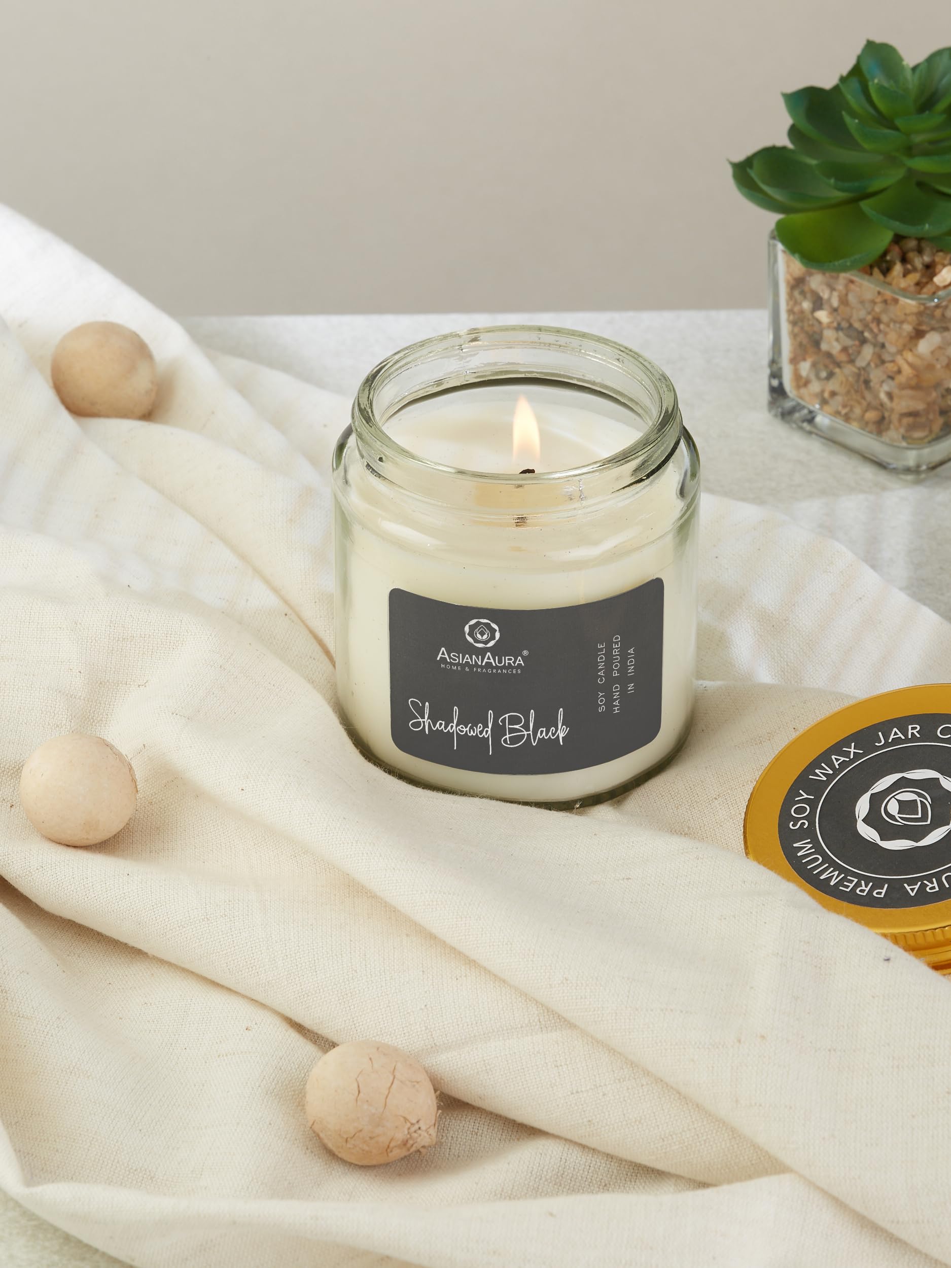 Asian Aura Scented Glass Jar Candle - 450g (Gross Wt.) - Shadowed Black |36 Hours Burn Time |Smoke-Free Aroma Candle for Home Fr